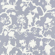 Shantung Silhouette Print wallpaper in Wisteria by Schumacher, featuring white chinoiserie silhouettes on a soft purple background, shown in a bedroom interior.