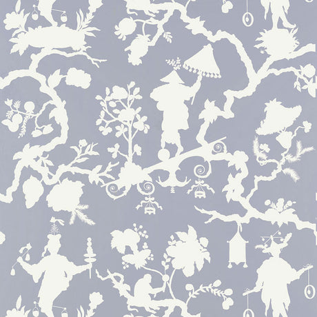 Shantung Silhouette Print wallpaper in Wisteria by Schumacher, featuring white chinoiserie silhouettes on a soft purple background, shown in a bedroom interior.