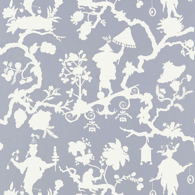 Shantung Silhouette Print wallpaper in Wisteria by Schumacher, featuring white chinoiserie silhouettes on a soft purple background, shown in a bedroom interior.