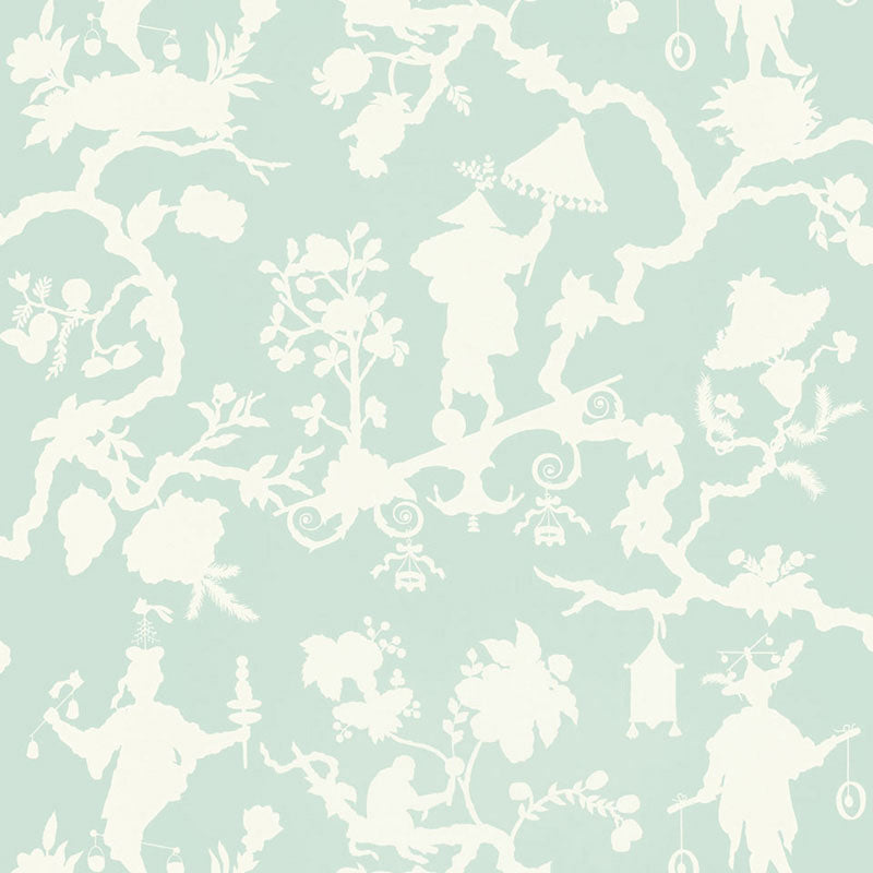Shantung Silhouette Print wallpaper in Mineral by Schumacher, featuring a whimsical chinoiserie silhouette pattern in a soft blue-green colorway.