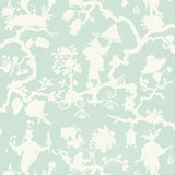 Shantung Silhouette Print wallpaper in Mineral by Schumacher, featuring a whimsical chinoiserie silhouette pattern in a soft blue-green colorway.