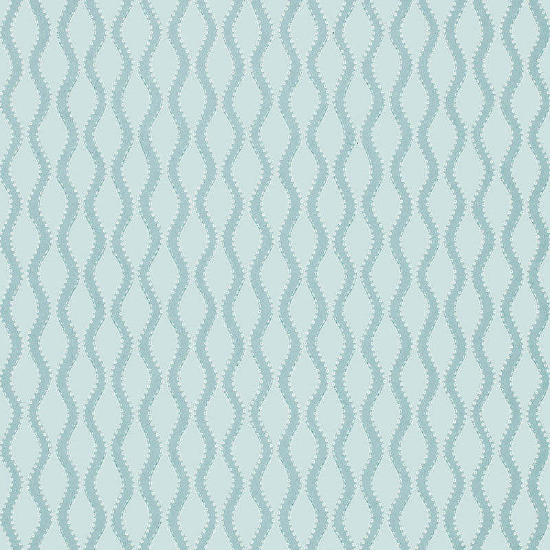 Ribbon Wave Aqua wallpaper with undulating wave design and dotted ribbon-like stripes by Schumacher