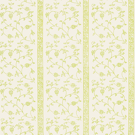 KHANPUR VINE wallpaper in Pear by Schumacher, Jaipur Collection. Block printed vine pattern in green on a neutral background.