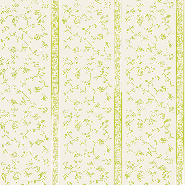 KHANPUR VINE wallpaper in Pear by Schumacher, Jaipur Collection. Block printed vine pattern in green on a neutral background.