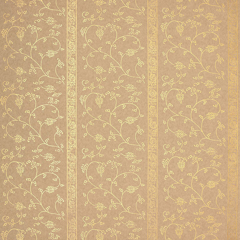 KHANPUR VINE wallpaper in Gilt by Schumacher, Jaipur Collection. Elegant gold vine pattern on a neutral background.