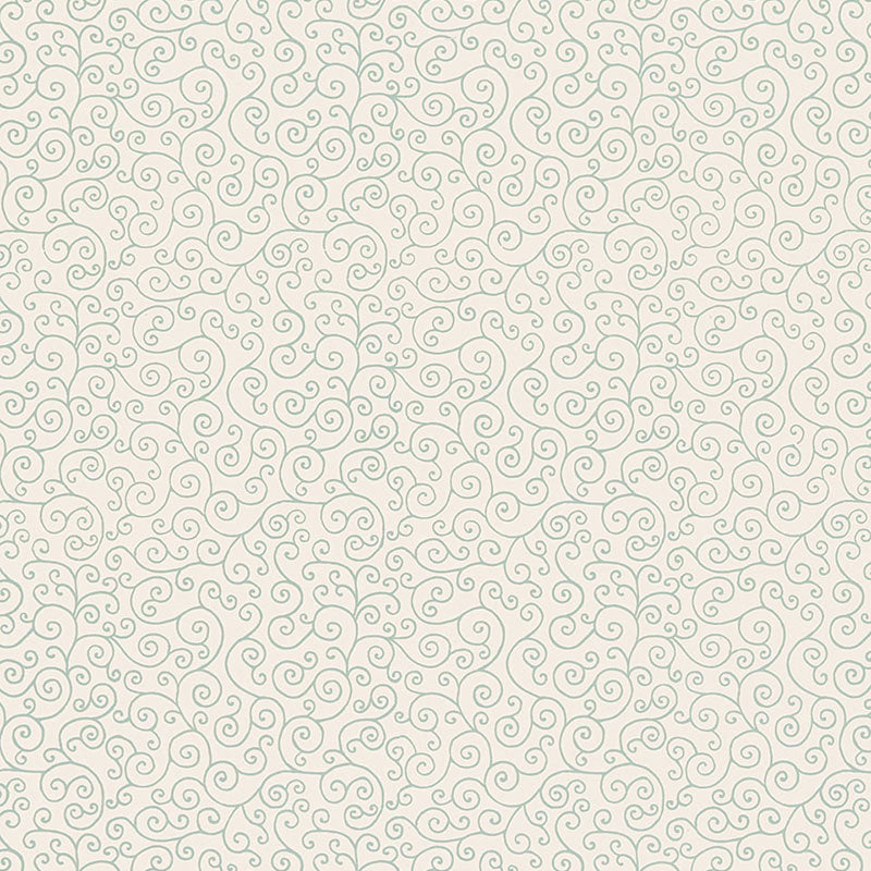 Sangar Scroll wallpaper in Water Blue by Schumacher, featuring a hand block-printed arabesque scroll pattern on a light background.