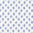 Bakara Leaf Delft blue hand screen printed wallpaper by Schumacher shown in a bathroom interior and close-up pattern view.