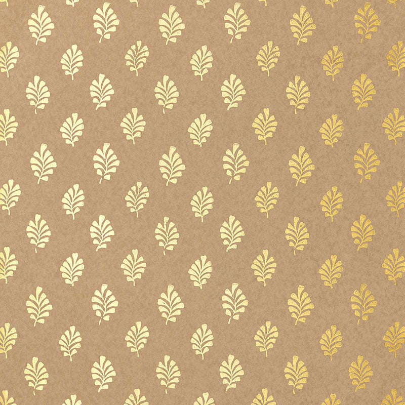 Bakara Leaf Gilt wallpaper by Schumacher, featuring a hand-screened gold leaf motif on a brown background.