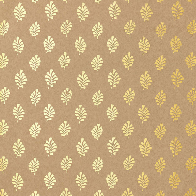 Bakara Leaf Gilt wallpaper by Schumacher, featuring a hand-screened gold leaf motif on a brown background.