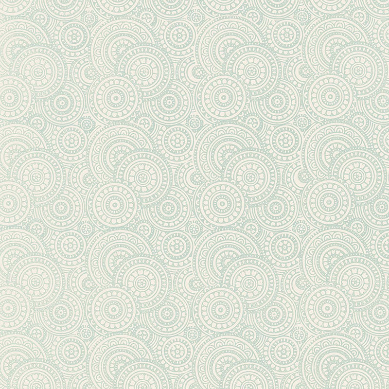 Sadari Water Blue block-printed wallcovering with filigreed overlapping circles by Schumacher