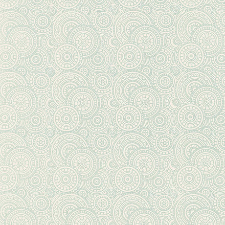 Sadari Water Blue block-printed wallcovering with filigreed overlapping circles by Schumacher
