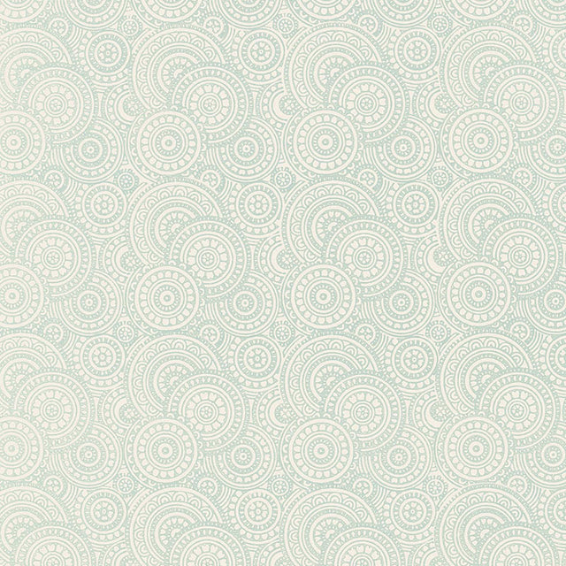 Sadari Water Blue block-printed wallcovering with filigreed overlapping circles by Schumacher