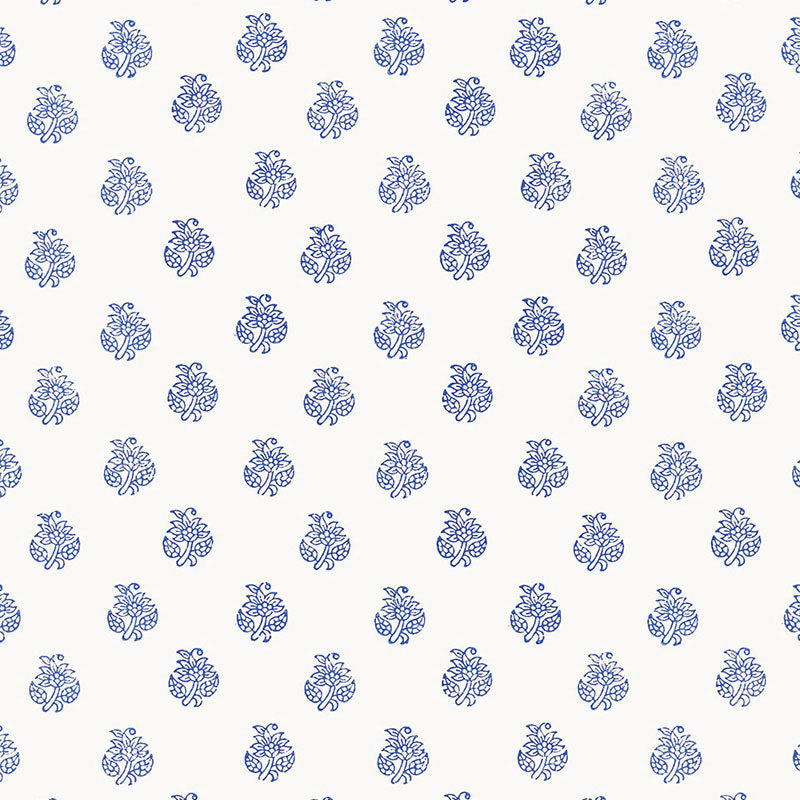 KALADERA Delft blue and white small-scale block-printed floral sprig wallpaper by Schumacher