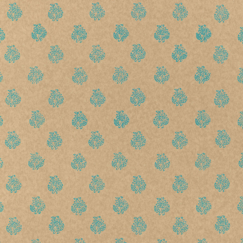 Kaladera turquoise block-printed floral sprig wallpaper by Schumacher