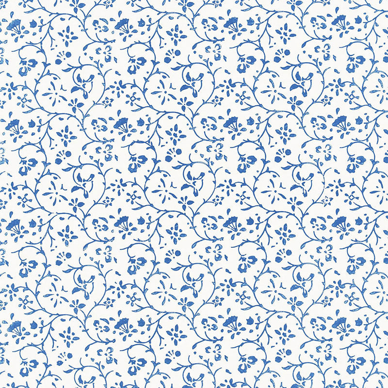 Kyara Vine Delft blue and white hand screen printed wallpaper by Schumacher, Jaipur Collection, floral vine pattern.