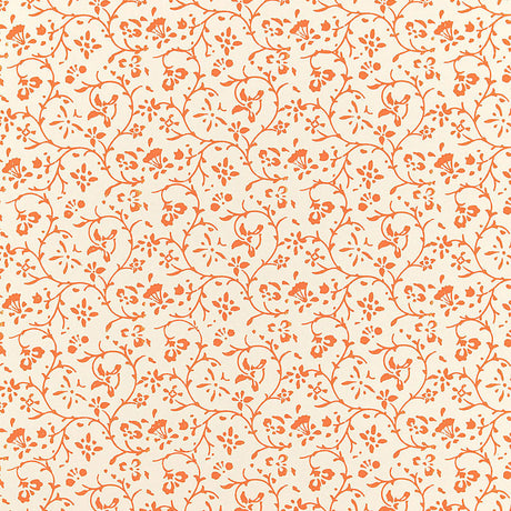 Kyara Vine wallpaper in Valencia by Schumacher, Jaipur Collection. Orange vine and floral block print on cream background.