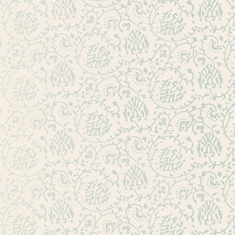 SARANA VINE wallpaper in Water Blue from the Jaipur collection by Schumacher, featuring a hand screen printed vine pattern on paper.