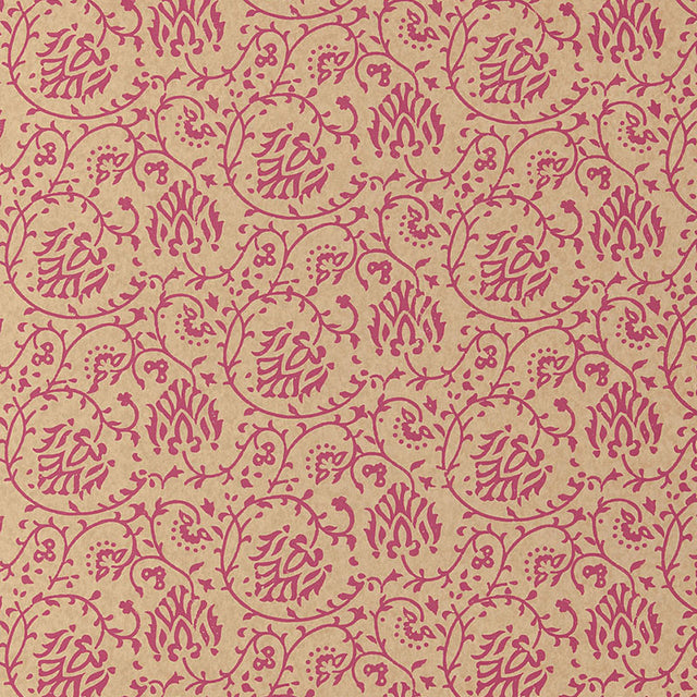Sarana Vine wallpaper in Cerise by Schumacher, Jaipur Collection. Block-printed vine pattern in pink on neutral background.