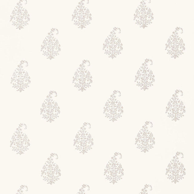 Kerala Paisley wallpaper in Oyster by Schumacher, a hand screen printed classic paisley wallcovering with floral and lace-like details.