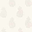 MADRAS PAISLEY wallpaper in Oyster by Schumacher, featuring a hand-screened paisley pattern in a neutral colorway, shown in a bathroom interior.