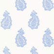Madras Paisley Delft blue and white paisley wallpaper by Schumacher, shown in a bathroom interior and as a pattern close-up.