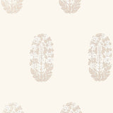 ASKANDRA FLOWER wallpaper in Oyster by Schumacher, featuring a delicate paisley-inspired floral block print in a neutral colorway.