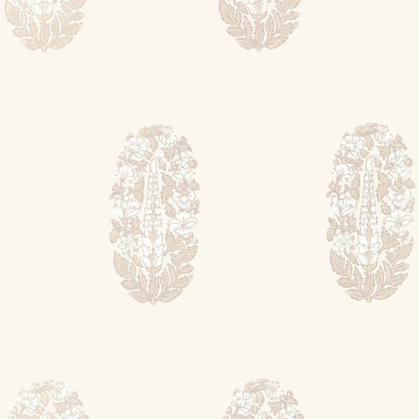 ASKANDRA FLOWER wallpaper in Oyster by Schumacher, featuring a delicate paisley-inspired floral block print in a neutral colorway.
