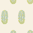 ASKANDRA FLOWER wallpaper in Pear & Water Blue by Schumacher, featuring a traditional paisley motif with foliage and flowers in a serene bedroom setting.