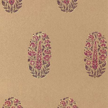 ASKANDRA FLOWER wallpaper in Aubergine & Cerise, a hand screen printed paisley floral pattern from Schumacher's Jaipur collection.