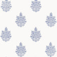 Asara Flower Delft blue and white floral medallion wallpaper by Schumacher, shown in a styled bedroom and close-up pattern view.