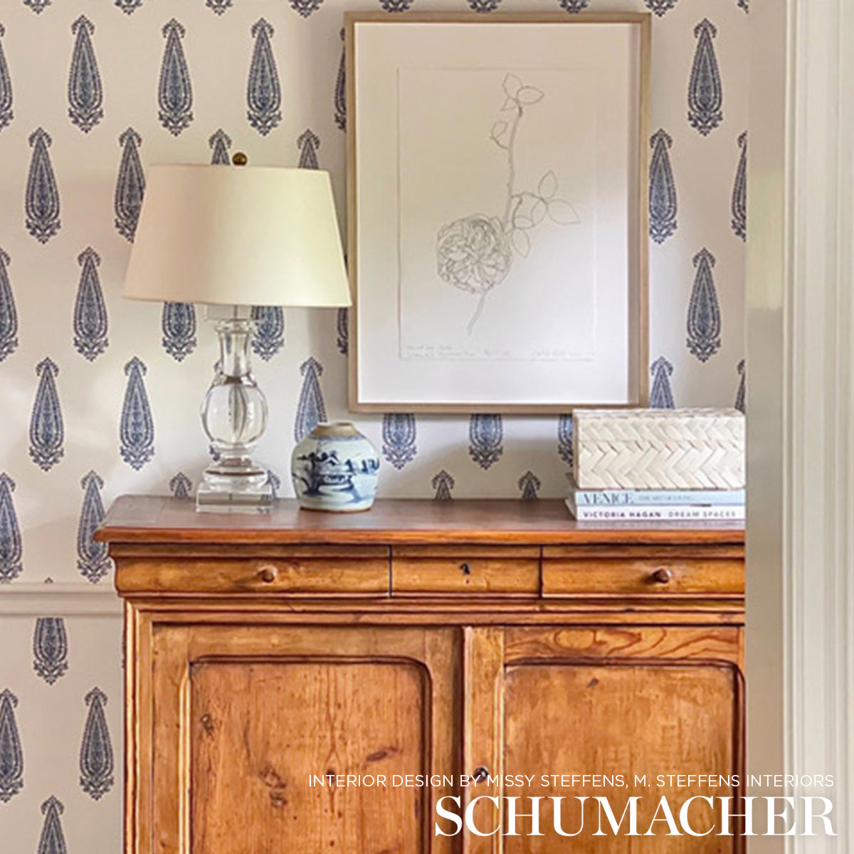 Katara Paisley Delft Blue by Schumacher Jaipur Collection Hand Screen Wallpaper – Schumacher 5005331
