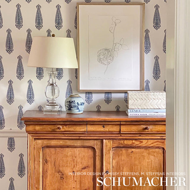 Katara Paisley Delft Blue by Schumacher Jaipur Collection Hand Screen Wallpaper – Schumacher 5005331