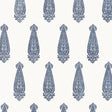 Katara Paisley Delft blue and white paisley wallpaper by Schumacher, shown in a styled interior and pattern close-up.