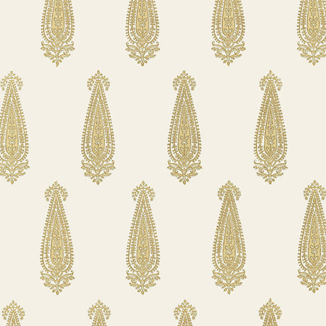 Katara Paisley wallpaper in Straw by Schumacher, featuring an elongated paisley motif in gold on a cream background.