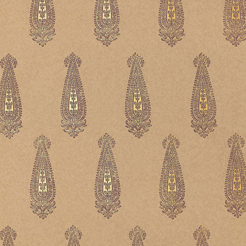 Katara Paisley wallpaper in Aubergine & Gilt by Schumacher, classic elongated paisley motif, hand screen printed, Jaipur collection.