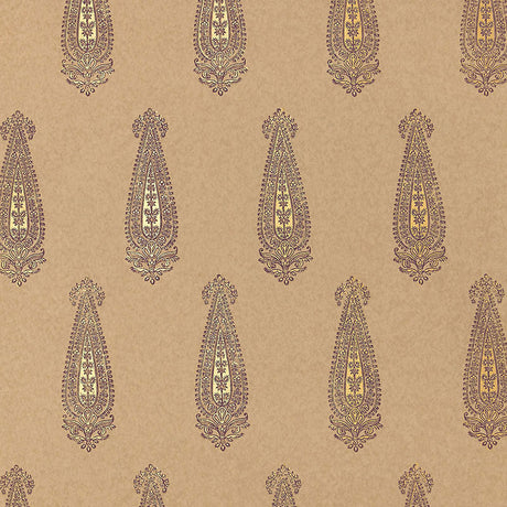 Katara Paisley wallpaper in Aubergine & Gilt by Schumacher, classic elongated paisley motif, hand screen printed, Jaipur collection.
