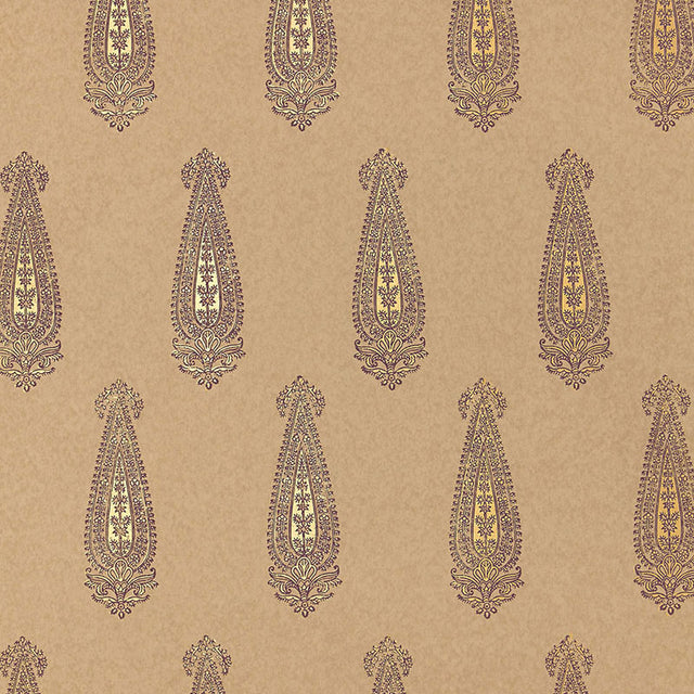 Katara Paisley wallpaper in Aubergine & Gilt by Schumacher, classic elongated paisley motif, hand screen printed, Jaipur collection.