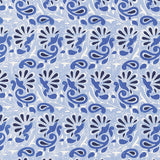 Rampura Delft blue and white hand screen printed wallpaper with floral and paisley motifs by Schumacher.