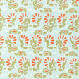 Rampura Water Blue wallpaper by Schumacher, hand screen printed with a stylized floral and paisley pattern in blue, green, and orange.