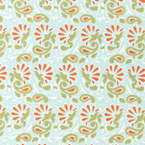 Rampura Water Blue wallpaper by Schumacher, hand screen printed with a stylized floral and paisley pattern in blue, green, and orange.