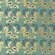 Rampura turquoise and gold hand screen printed wallpaper with intricate floral and paisley motifs, shown in a styled bar interior.