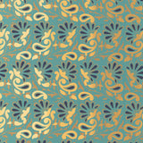 Rampura turquoise and gold hand screen printed wallpaper with intricate floral and paisley motifs, shown in a styled bar interior.