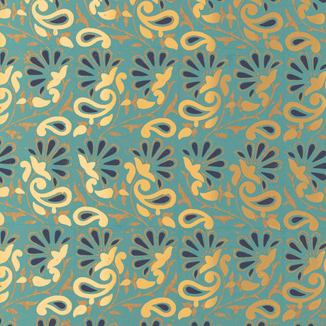 Rampura turquoise and gold hand screen printed wallpaper with intricate floral and paisley motifs, shown in a styled bar interior.