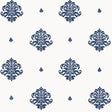 Mayla Damask navy hand screen printed damask wallpaper by Schumacher