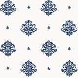 Mayla Damask navy hand screen printed damask wallpaper by Schumacher