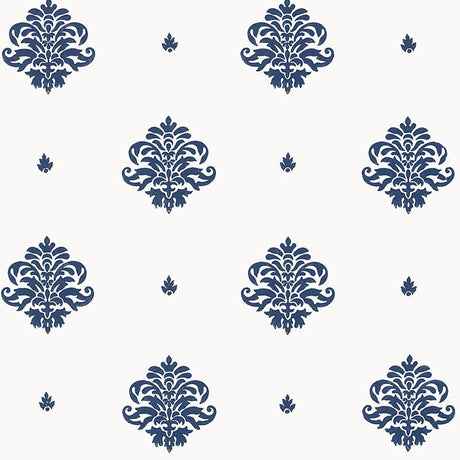 Mayla Damask navy hand screen printed damask wallpaper by Schumacher