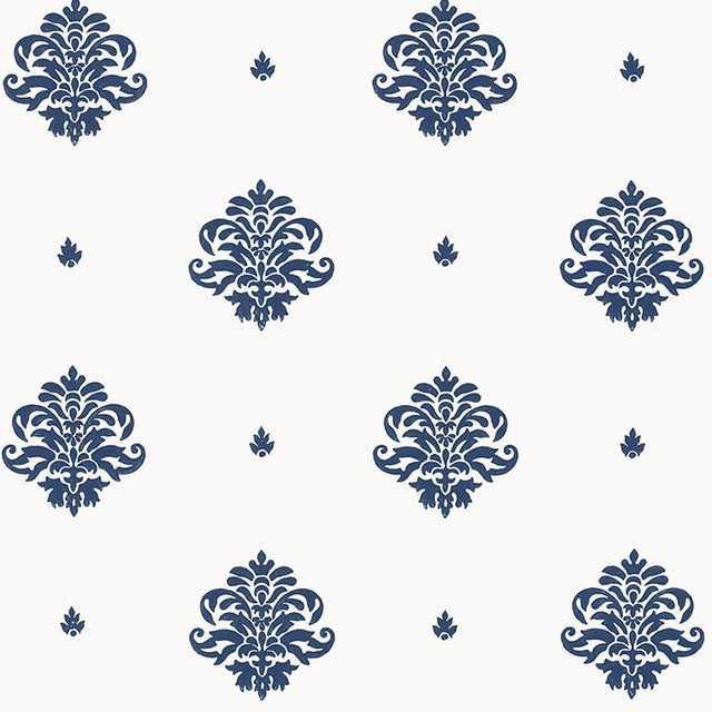 Mayla Damask navy hand screen printed damask wallpaper by Schumacher