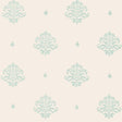 Mayla Damask wallpaper in Water Blue by Schumacher, hand screen printed damask pattern on paper