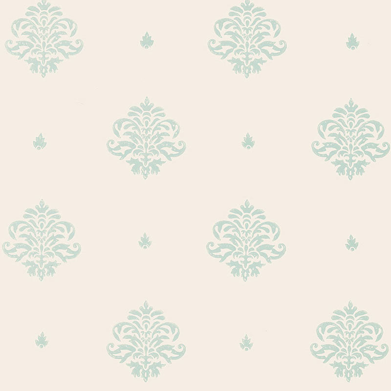 Mayla Damask wallpaper in Water Blue by Schumacher, hand screen printed damask pattern on paper