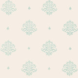 Mayla Damask wallpaper in Water Blue by Schumacher, hand screen printed damask pattern on paper
